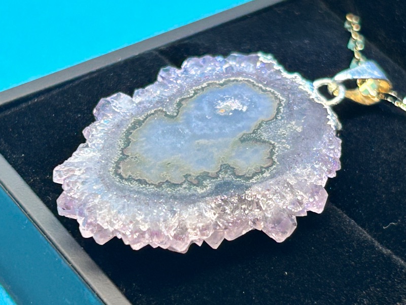 Photo 1 of 026010… amethyst stalactite slice pendant on adjustable 18.”-20” chain in lighted gift box 