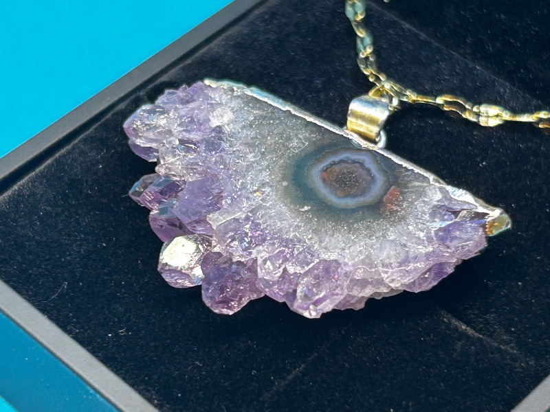 Photo 1 of 026013… amethyst stalactite slice pendant on adjustable 18.”-20” chain in lighted gift box 