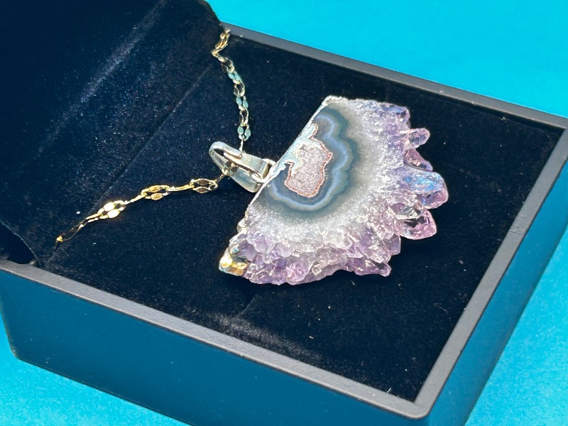 Photo 1 of 026013… amethyst stalactite slice pendant on adjustable 18.”-20” chain in lighted gift box 