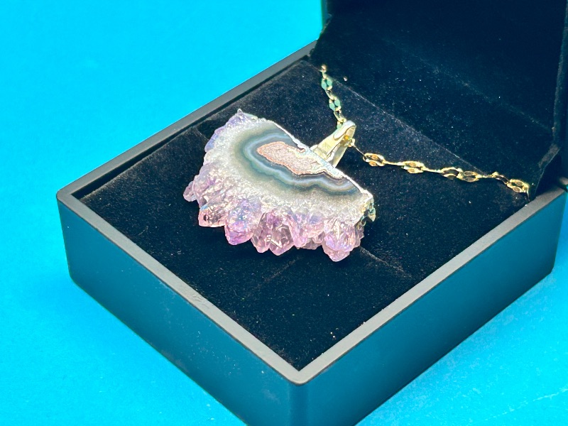 Photo 1 of 026013… amethyst stalactite slice pendant on adjustable 18.”-20” chain in lighted gift box 