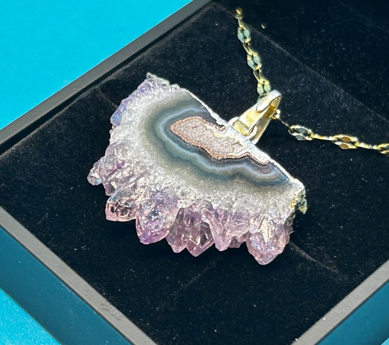 Photo 1 of 026013… amethyst stalactite slice pendant on adjustable 18.”-20” chain in lighted gift box 