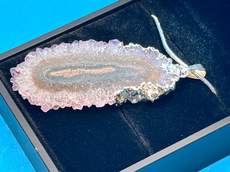 Photo 1 of 026014… amethyst stalactite slice pendant on 16” chain in lighted gift box 
