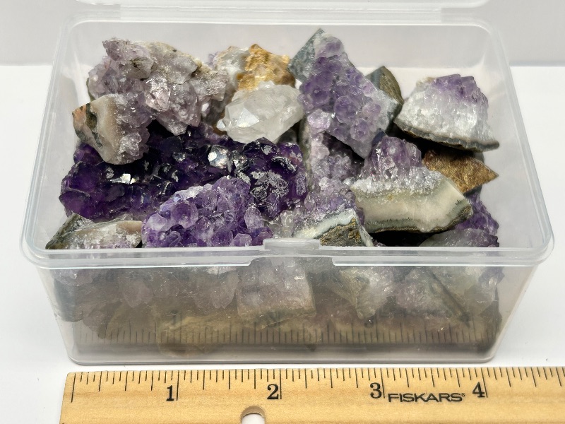 Photo 1 of 026037…small box of amethyst crystal chunk samples 4” box