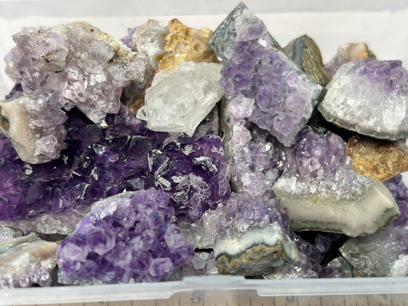 Photo 1 of 026037…small box of amethyst crystal chunk samples 4” box