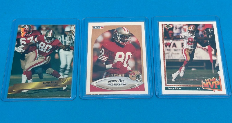 Photo 1 of 026120…3 Jerry Rice cards in hard plastic sleeves
