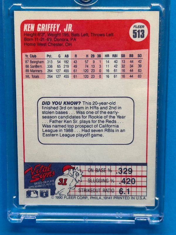 Photo 1 of 026133…HOF Ken Griffey Jr. card 513   in hard plastic case