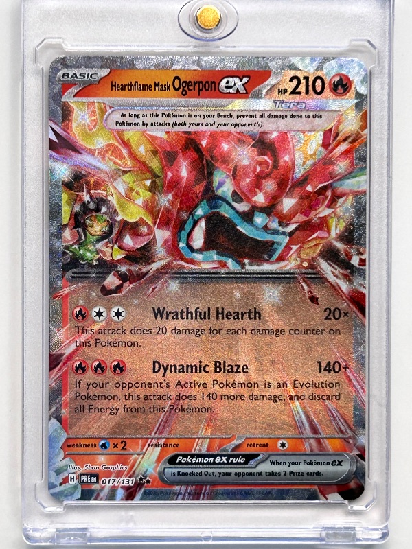 Photo 1 of 026134…Ogerpon EX holo Pokémon card in hard plastic case