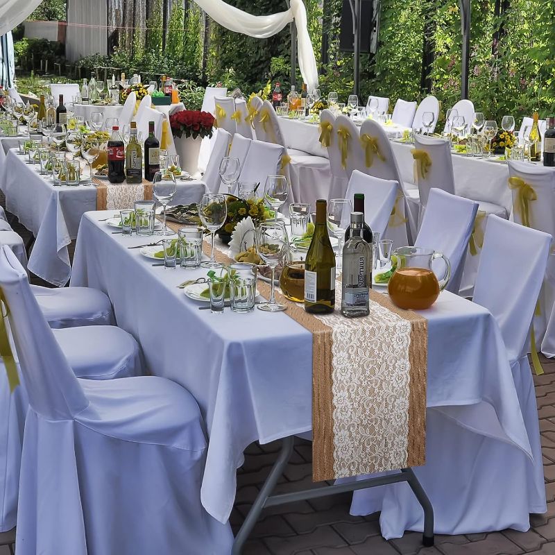 Photo 1 of Chumia Lace Burlap Table Runner Rustic Natural Jute Table Runner 12 x 72 Inch Farmhouse Hessian Tablecloths for Vintage Country Wedding Birthday Thanksgiving Christmas Party(Pretty Style)