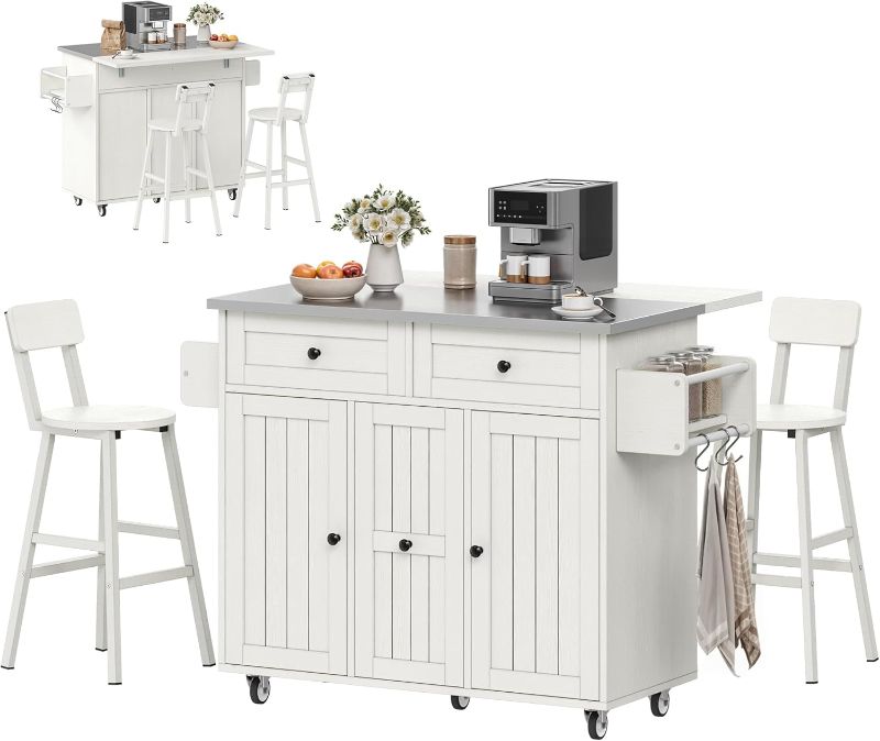 Photo 1 of DWVO Kitchen Island with Seating, Mobile Kitchen Storage Island with Drop Leaf Countertop, Large Kitchen Island Table with Drawers, Cabinets, Bar Stools, Towel Rack and Spice Rack, White
