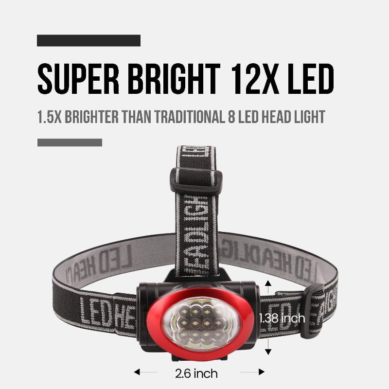 Photo 1 of Lichamp Headlamp 12 LED 3 Mode Portable Head Lamp Flashlight, Outdoor Lightweight Durable Headlight for Running, Camping, Reading, Fishing, Hunting, Walking, Jogging, Black + Red Color