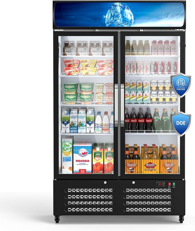 Photo 1 of 28 Cu Ft Commercial Refrigerators 2 Doors,Glass Door Merchandiser Display Beverage Fridge with Front LED Light & Built-in LED Light,1.86kwh/24h Retail Cooler for Shop,Restaurant,Apartment,etc
