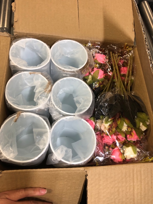 Photo 1 of 6 Set Fake Flower in Vase, Artificial Flowers with Vase, Centerpiece Table Decorations with 6 Pcs 6 Inch Large Vases and 12 Pcs Mixed Colors Silk Rose Bouquet for Wedding Home Office Farmhouse Decor