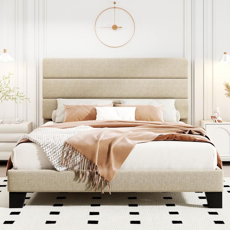 Photo 1 of HOOMIC Bed Frame with Headboard, Fabric Upholstered Platform Bed with Strong Wood Slats Support, Mattress Foundation, No Box Spring Needed, Beige UNKNOWN SIZE