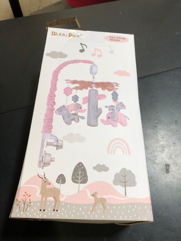 Photo 1 of Upgraded Blublu Park Musical Mobile for Crib, Baby Crib Mobile with Hanging Rotating Toys Woodland Nursery Decor for Newborn Baby Boys Girls, Digital Music Box with 3 Modes, 12 Lullabies (Pink)