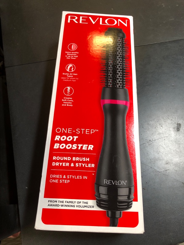 Photo 1 of REVLON One-Step Hair Dryer and Styler - Root Booster Round Brush for Styling, Dryer Brush for Fast and Easy Salon-Quality Blowout, More Shine and Less Frizz (1-1/2 in)