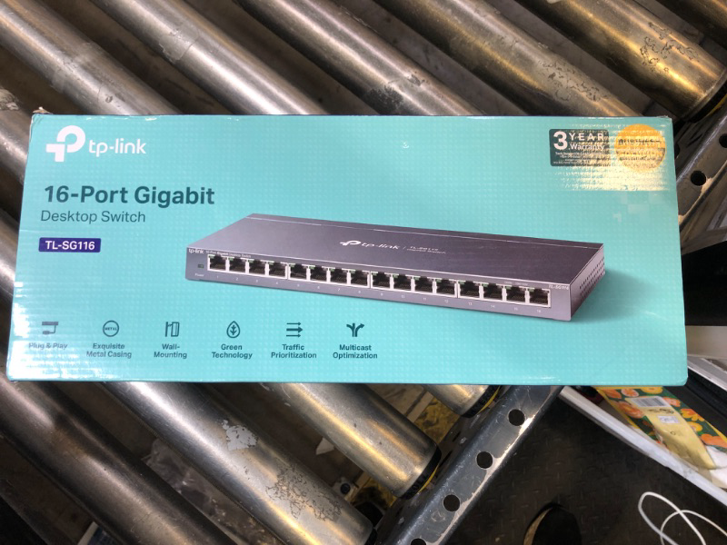 Photo 1 of TP-Link 16 Port Gigabit Ethernet Network Switch, Desktop/ Wall-Mount, Fanless, Sturdy Metal w/ Shielded Ports, Traffic Optimization, Unmanaged (TL-SG116) Black