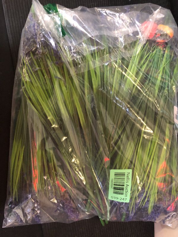 Photo 1 of 12 Bundles Artificial Plants Outdoor Fake Monkey Grass with Flowers for Pot UV Resistant Plant Decor for Window Garden Patio Hanging Planter Pathway Front Porch (Grass with Flowers)