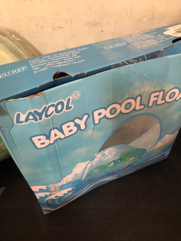 Photo 1 of LAYCOL Baby Swimming Float Inflatable Baby Pool Float Ring with Sun Protection Canopy,add Tail no flip Over for Age of 3-36 Months (Blue, XL)