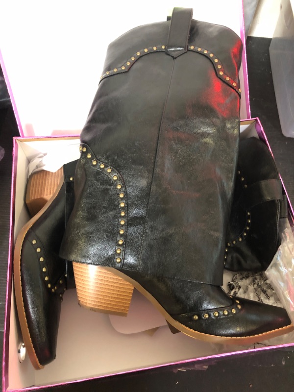 Photo 1 of 7---RONILURN Women Shark Boots Fold Over Mid Calf Chunky Heel Snip Toe Cowboy Cowgirl Pull On Studded Boots for Women