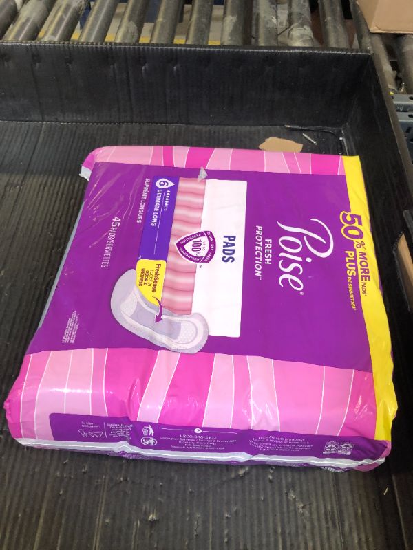 Photo 1 of Poise Incontinence Pads & Postpartum Incontinence Pads, 6 Drop Ultimate Absorbency, Long Length, 45 Count, Packaging May Vary