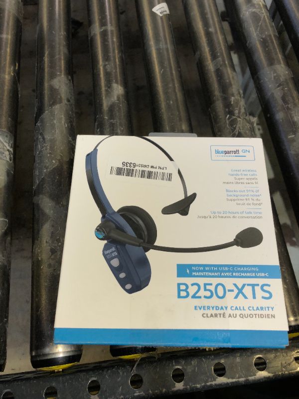 Photo 1 of BlueParrott B250-XTS Mono Bluetooth Wireless Headphones 91% Noise Canceling Over Head Trucker Headset with Mic, Lightweight Design with Adjustable Headband, 20 hrs. Talk Time, Blue