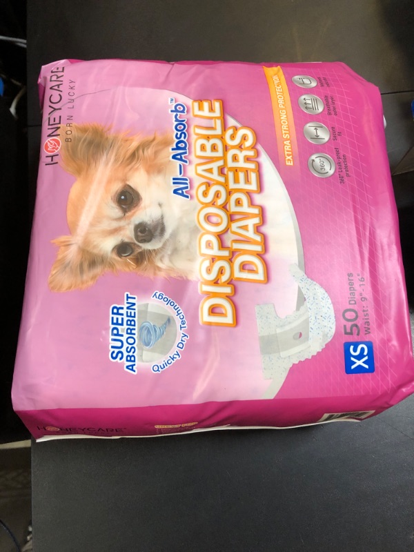 Photo 1 of HONEY CARE All-Absorb Disposable Female Dog Diapers Extra Small Size, Improved, 50 Count, Super Absorbent, Breathable, Wetness Indicator (Pack of 1, 50 Count Total)