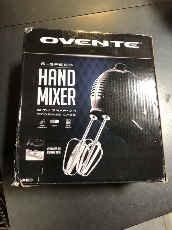 Photo 1 of OVENTE 5-Speed Electric Hand Mixer with Stainless Steel Mixing Whisk, Snap-On Storage Case, Portable & Lightweight 150W Motor, Compact Handheld Mixer for Baking, Blending or Cooking, Black HM151B