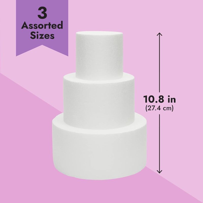 Photo 1 of (BAGGED) Bright Creations 3 Piece Round Foam Cake Dummy Set for Decorating - Faux Cake in 3 Sizes for Birthday - Wedding Display (10.8 Inches Tall)