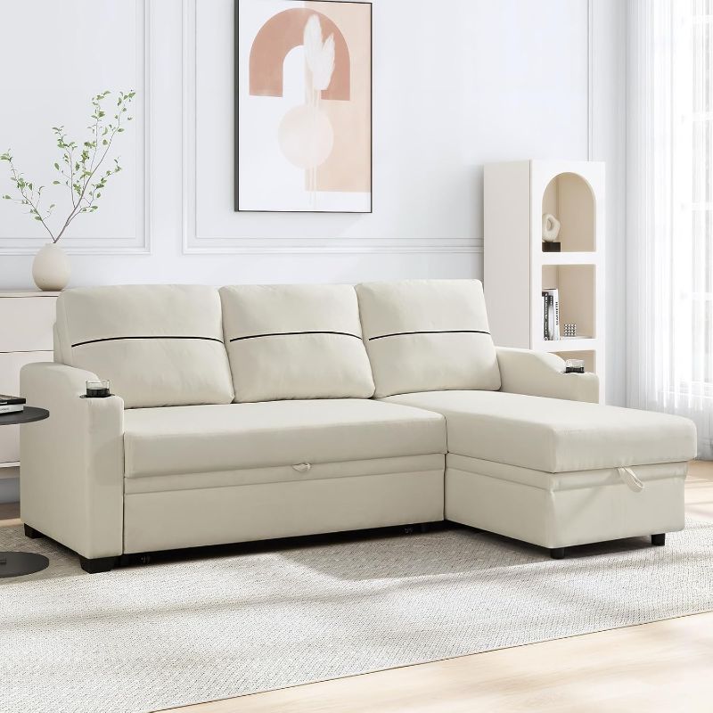 Photo 1 of **PARTIAL SET - BOX 2 OF 2**
IULULU Sleeper Sofa, 82 Inch L Shaped Sectional Couch with Pullout Bed, Reversible Storage Chaise, Cupholders, 2 in 1 Pull Out Couches for Living Room, Apartment, Beige