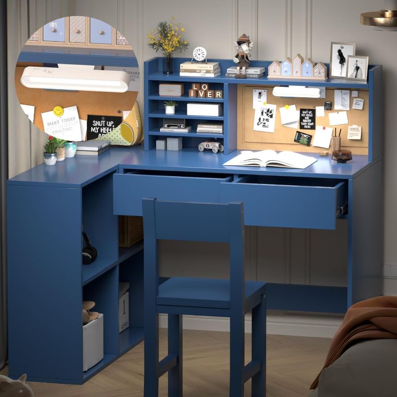 Photo 1 of 
Kids Desk and Chair Set, 41" x 31" Blue Study Desk with LED Lights, Storage Drawers & Bulletin Board, Corner Desk for 5-12 Year Old Boys Girls
