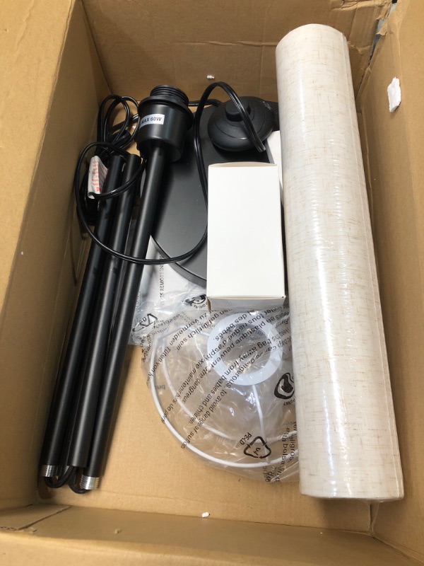 Photo 1 of (PARTIAL SET) Karjoefar Floor Lamp for Living Room, Modern Standing lamp with Remote Control, Stepless Dimmable 9W Bulb & Beige Lampshade Included, Black Pole Tall Floor Lamp for Bedroom Office