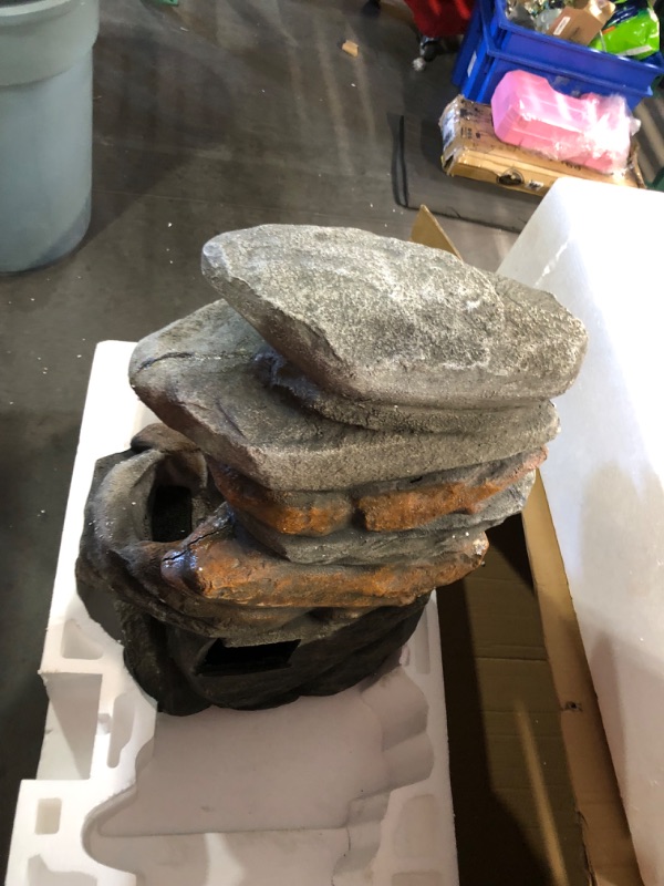 Photo 1 of (Used)(damage)(sold for parts)(repair) Alpine Corporation WIN316 40" Floor Fountain – 4-Tiered Rock Water Feature with Cascading Streams & White LED Lights – Tranquil Outdoor
