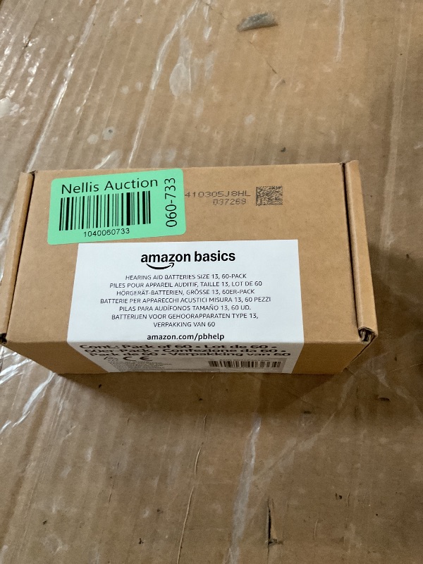 Photo 1 of Amazon Basics 60-Pack Hearing Aid Size 13 Zinc-Air Batteries, 1.45 Volt, Orange Tab, 4-Year Shelf Life, Child-Safe Package (Use Scissors to Open)