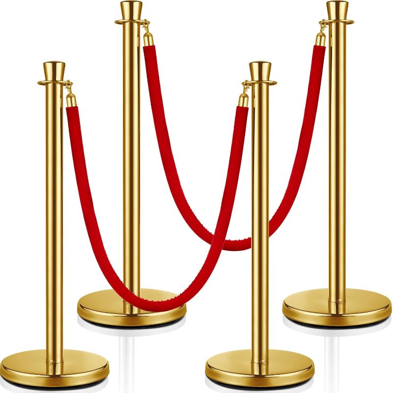 Photo 1 of (PARTIAL SET) (TARNISHED) Wesiti 4 Pcs Stainless Steel Stanchion Post Queue, 5ft Red Velvet Rope Red Carpet Ropes and Poles Stanchions and Velvet Ropes Gold Stanchions with Red Rope Crowd Control Barriers for Party Supplies
