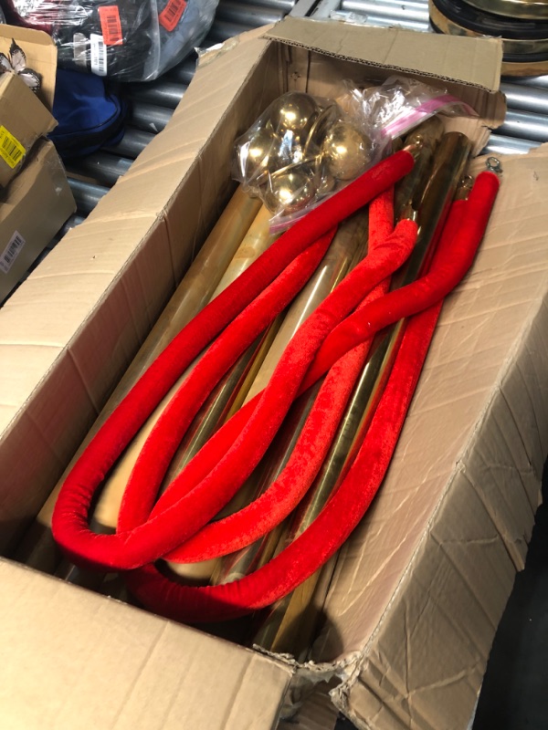Photo 1 of (PARTIAL SET) (TARNISHED) Wesiti 4 Pcs Stainless Steel Stanchion Post Queue, 5ft Red Velvet Rope Red Carpet Ropes and Poles Stanchions and Velvet Ropes Gold Stanchions with Red Rope Crowd Control Barriers for Party Supplies
