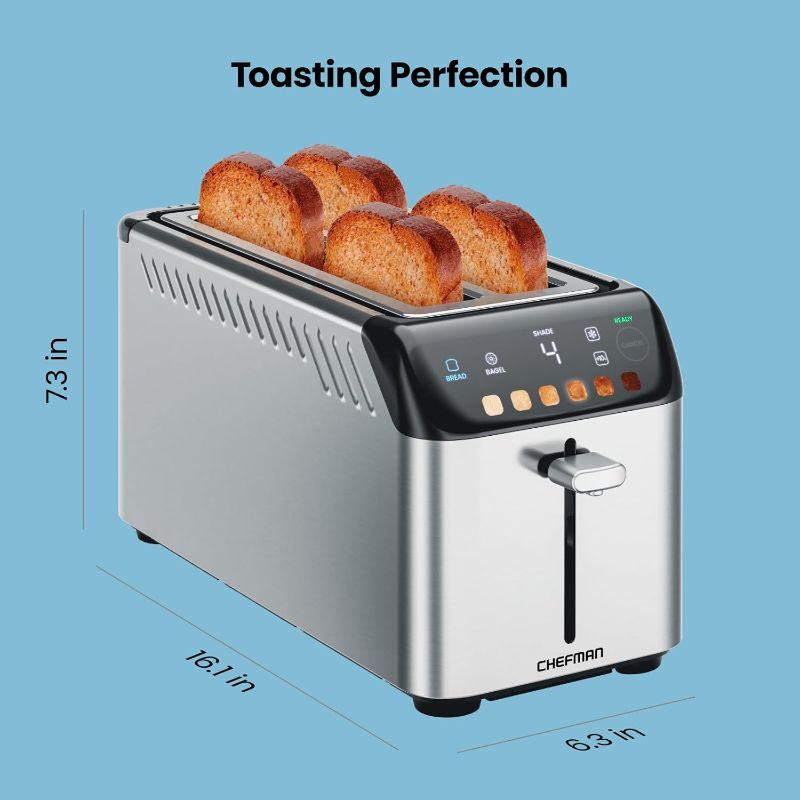 Photo 1 of (POWER TESTED) Chefman Smart Touch 4 Slice Digital Toaster, 6 Shade Settings, Stainless Steel Toaster 4 Slice with Extra-Wide Slots, Thick Bread Toaster and Bagel Toaster, 10, Defrost, Removable Crumb Tray