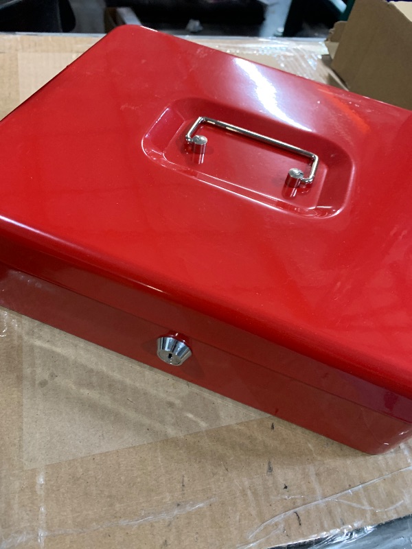Photo 1 of (missing key) Cash Box with Money Tray and Key Lock Large Metal Money Safe Box with Cantilever Coin Tray, Lock Box for Money 11.8" x 9.4" x 3.54" Red
