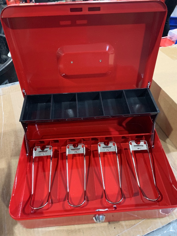 Photo 1 of (missing key) Cash Box with Money Tray and Key Lock Large Metal Money Safe Box with Cantilever Coin Tray, Lock Box for Money 11.8" x 9.4" x 3.54" Red