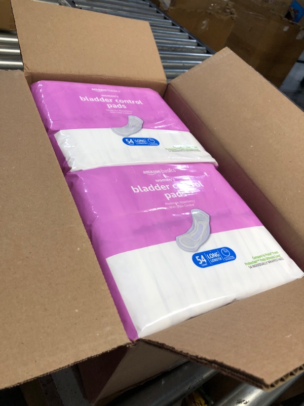 Photo 1 of Amazon Basics Incontinence Pads for Women Long, Bladder Control, Postpartum, Moderate Absorbency, Unscented, 108 Count (2 Packs of 54)