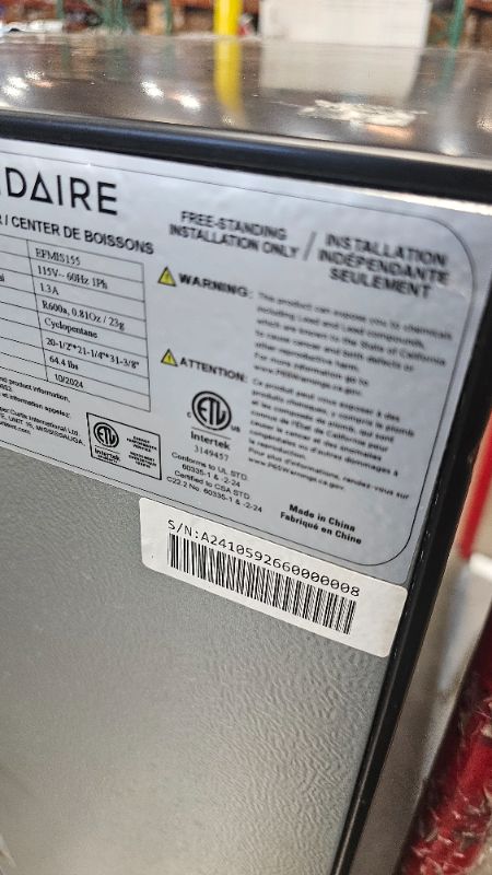 Photo 1 of ***PARTS  ONLY-SEE NOTES*********
Frigidaire EFMIS155 Beverage Refrigerator, 126 Cans-Full Stainless Steel