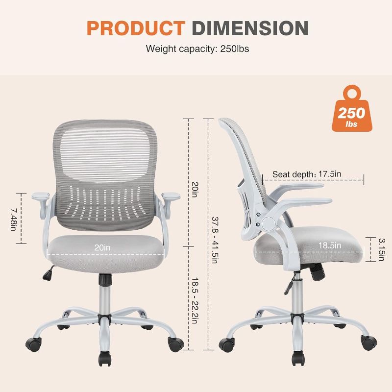 Photo 1 of (PARTS) (NOT A COMPLETE SET) Sweetcrispy Office Computer Desk Chair, Ergonomic Mid-Back Mesh Rolling Work Swivel Task Chairs with Wheels, Comfortable Lumbar Support, Comfy Flip-up Arms for Home, Bedroom, Study, Student, Gray