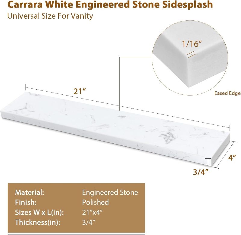 Photo 1 of (USED/FAIR) 21 in. W x 4 in. H Quartz Sidesplash for Bathroom Vanity Sink Top, Universal Size Bathroom Sink Sidesplash in Calacatta Luna
