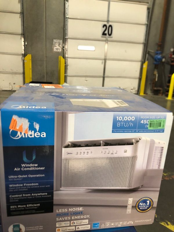 Photo 1 of  FACTORY SEALED*
Midea 10,000 BTU U Shaped Smart Inverter Window Air Conditioner, Cools up to 450 Sq. Ft.,Ultra Quiet with Open Window Flexibility, Works with Alexa/Google Assistant, 35% Energy Savings, Remote Control