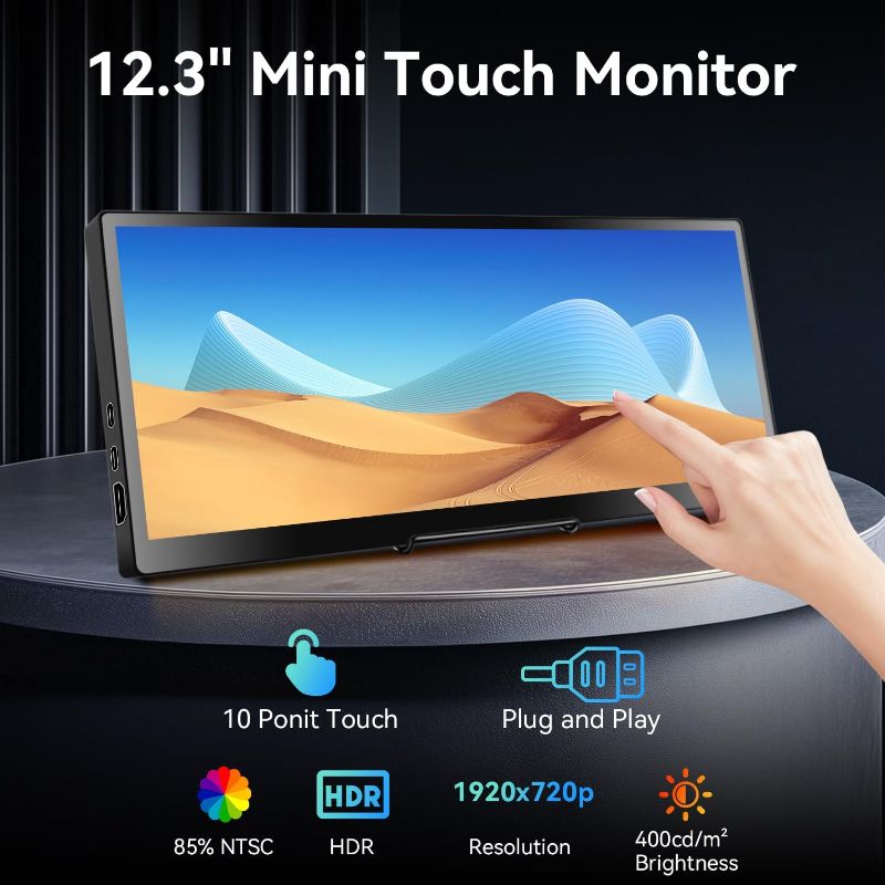 Photo 1 of (PARTS) (UNTESTED) 12.3 Portable Touchscreen Monitor,1920*720 IPS Mini Touch Screen,Travel Monitor with Foldablestand & Speaker, HDMI USBC CNC External Monitor for Laptop Phone Aida64 GPU CPU RAM Monitoring, VESA