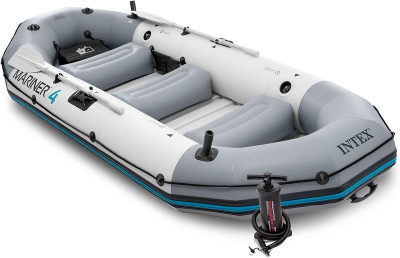 Photo 1 of (PARTIAL SET) (LARGE) INTEX 68373EP Mariner 3 Inflatable Boat Set: Includes Deluxe 54in Boat Oars and High-Output Pump – Wear-Resistant Keel – Removable Fishing Rod Holders – 3-Person – 880lb Weight Capacity