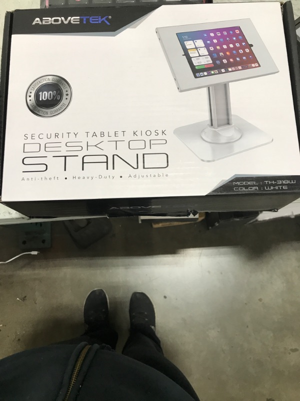 Photo 1 of AboveTEK Anti-Theft iPad Kiosk Stand – POS iPad Security Stand & Locking Tablet Stand – Heavy Duty Base, 360° Swivel, 75° Tilt Bracket – Retail Business for iPad/iPad Air/iPad Pro (White)