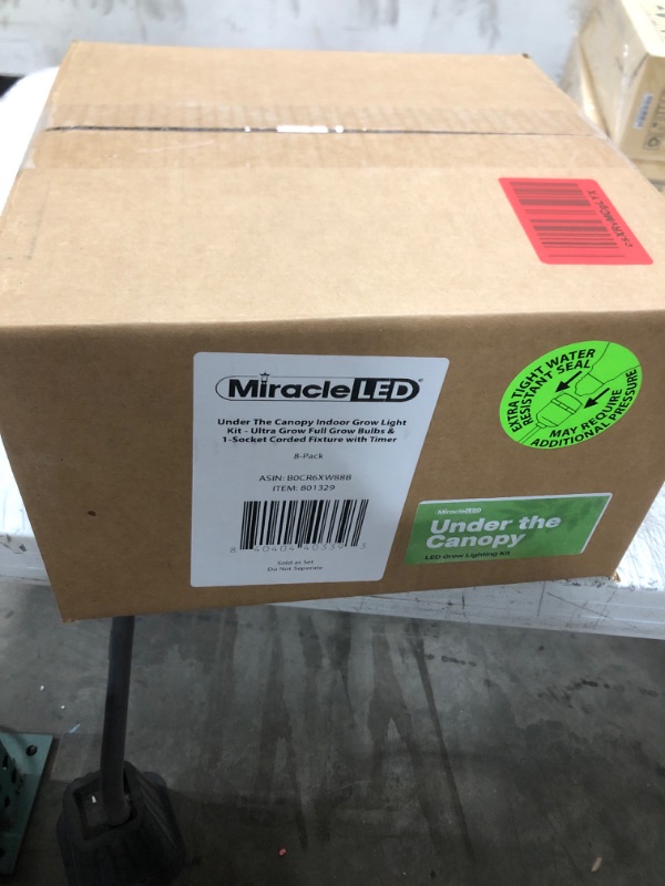 Photo 1 of Miracle LED Under The Canopy Indoor Grow Light Kit - Double Plant Yield - Ultra Grow Full Spectrum 150W Replacement Grow Bulbs & 1-Socket Corded Fixture with SproutMatic Timer (8-Pack)