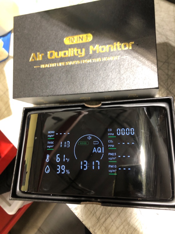 Photo 2 of Qxpztk 10 in 1 Indoor Air Quality Monitor with Portable Sensors for CO, PM2.5, CO2,Temperature & Humidity,VOC Sensor and AQI,Accurate Formaldehyde,CO2 Detector Monocular,Suitable for Home,Black E1