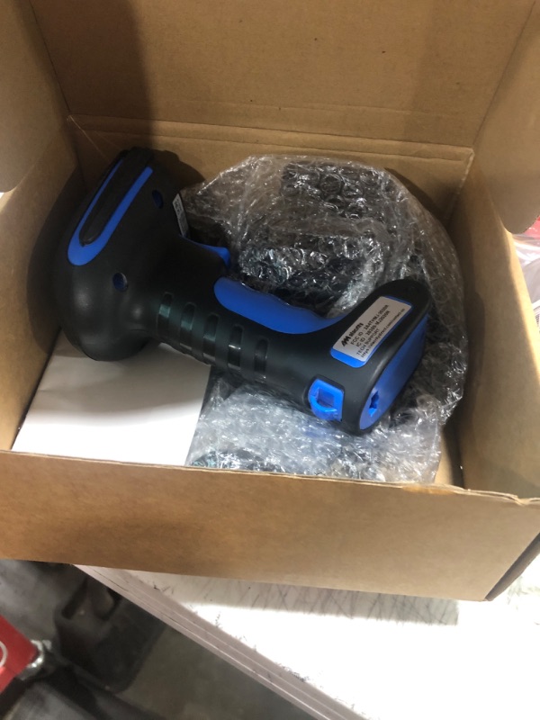 Photo 1 of Alacrity Upgraded 2D Industrial Barcode Scanner with Wireless Charging Stand, 1968 Feet Transmission Distance 433Mhz Wireless & Bluetooth 2in1 Barcode Reader, Shock Dust Proof Hands Free, Blue