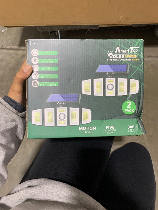 Photo 1 of AmeriTop Solar Lights Outdoor 300 LED 7000K Motion Sensor Lights Cordless; 5 Adjustable Heads, 360° Wide Angle Illumination, IP65 Waterproof, Security LED Flood Light for Patio Yard Garden 2 Pack